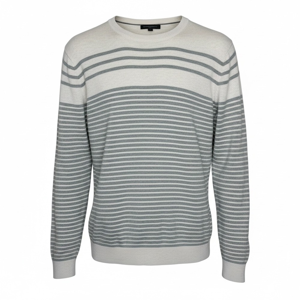 Banana Republic Mens Large Grey Cream Striped Crew Neck Knit Sweater L EUC